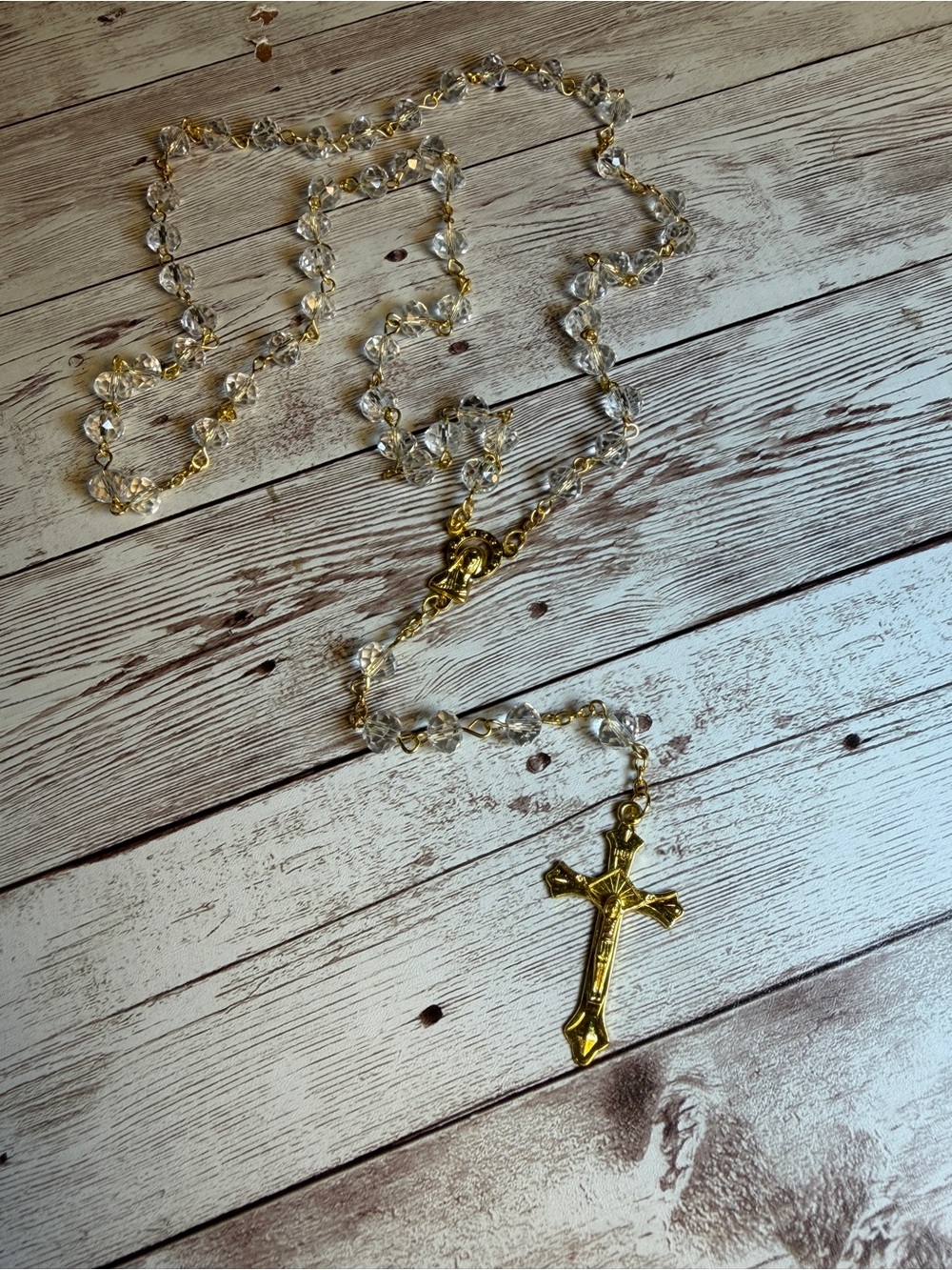 Gold Cross Rosary Necklace with Clear Beads